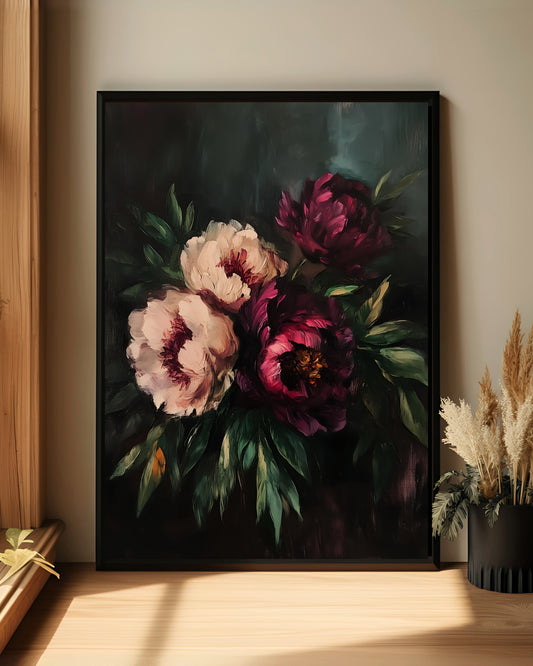 Dark Peony Floral Wall Art – Moody Vintage Flower Print (Poster, Canvas, Framed)