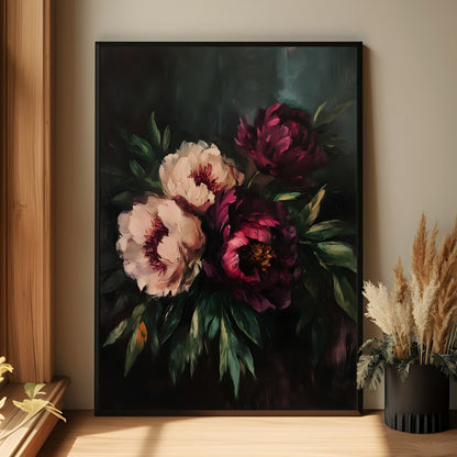 Dark Peony Moody Floral Wall Art Print