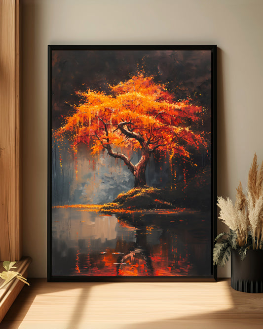 Enchanted Autumn Japanese Maple Tree, Autumn Glow Dark Fall Forest Landscape, Orange Tree Wall Decor, Nature And Dark Aesthetic Poster