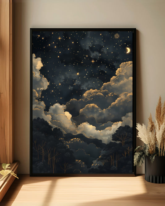 Starry Night Sky Wall Art – Dreamy Moon and Clouds Print (Poster, Canvas, Framed)