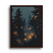 Brown floating frame canvas depicting tall blue-green pine trees scattered with warm firefly lights in evening mist