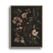 Dark Botanical Canvas Wall Art – Muted Pink Wildflower Study