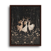 Brown floating frame canvas depicting three women in flowing white ballet dresses dancing beneath dark trees