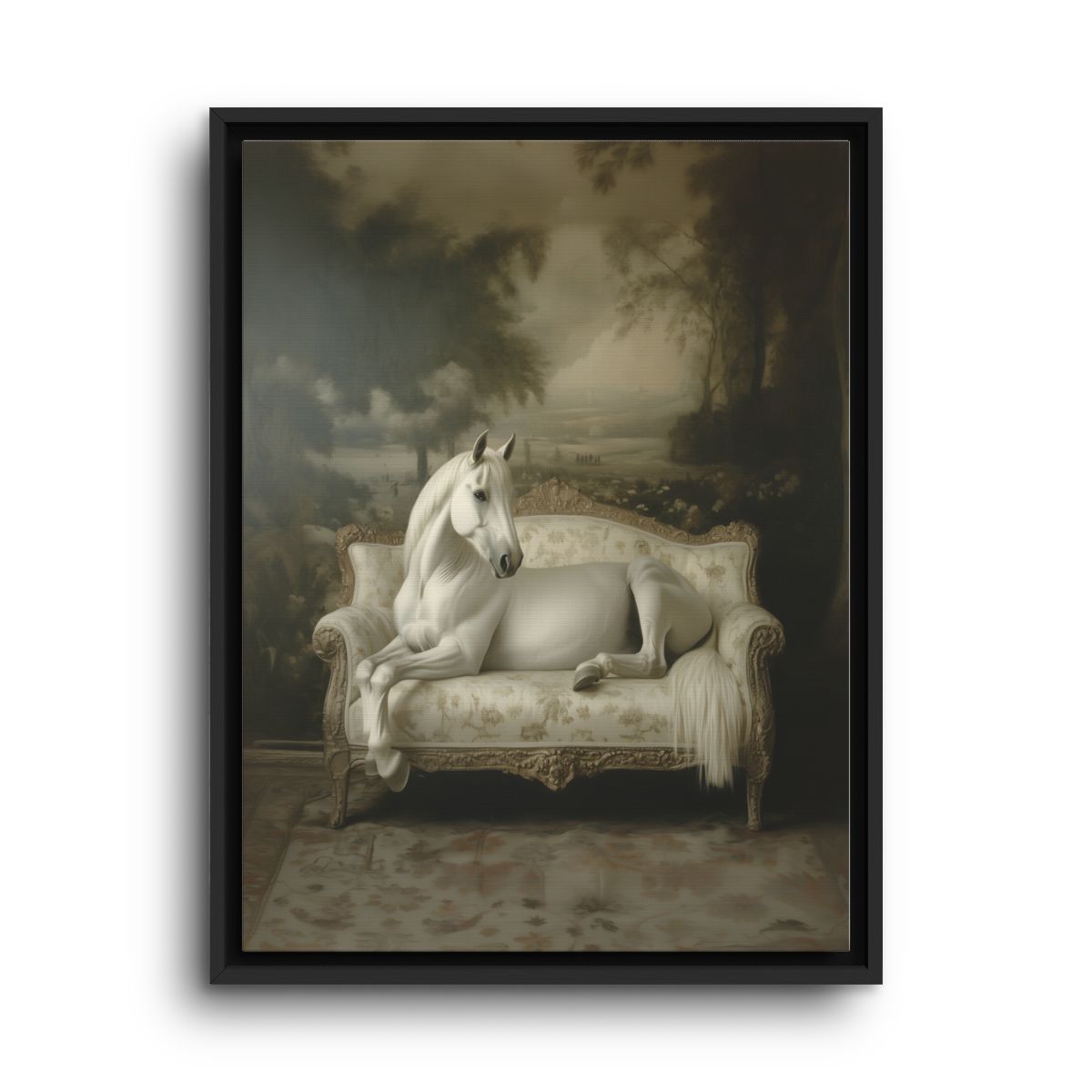 Surreal Horse Canvas Wall Art – White Horse beside Cream Sofa