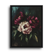 Black floating frame canvas depicting large burgundy peonies and a pale pink bloom among dark leaves