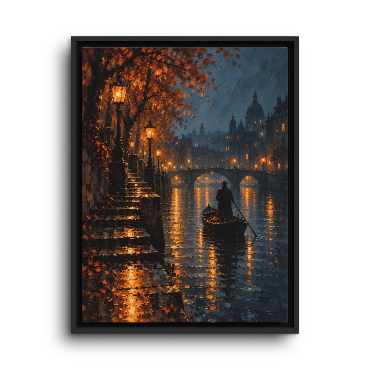 Rainy City Canvas Wall Art – Canal at Night with Golden Lights