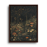 Brown floating frame canvas depicting glowing mushrooms and tiny wildflowers scattered beneath dark pine trunks