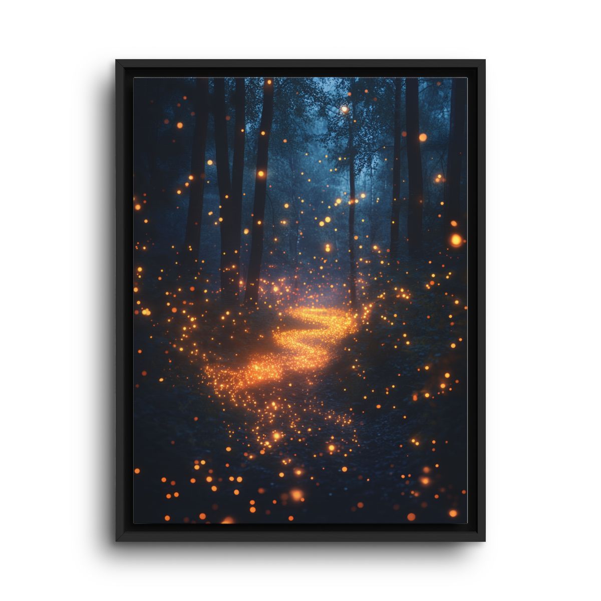 Glowing Forest Canvas Wall Art – Blue Firefly Woodland Path