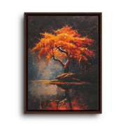 Brown floating frame canvas depicting a brilliant fiery orange tree reflected in still lake water at dusk
