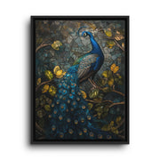 Brown floating frame canvas depicting a brilliant blue peacock surrounded by gold vines and dark leafy blooms