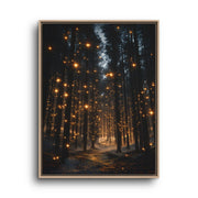 Enchanted Forest Canvas Wall Art – Golden Firefly Path at Night