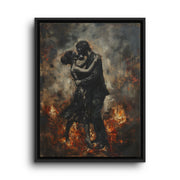 Black floating frame canvas depicting a couple holding each other amid orange flames and smoky charcoal shadows