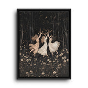 Black floating frame canvas depicting three women in flowing white ballet dresses dancing beneath dark trees