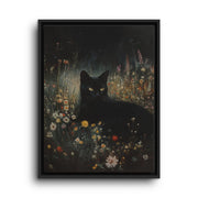 Black floating frame canvas depicting a black cat sitting among tiny yellow and white wildflowers at night