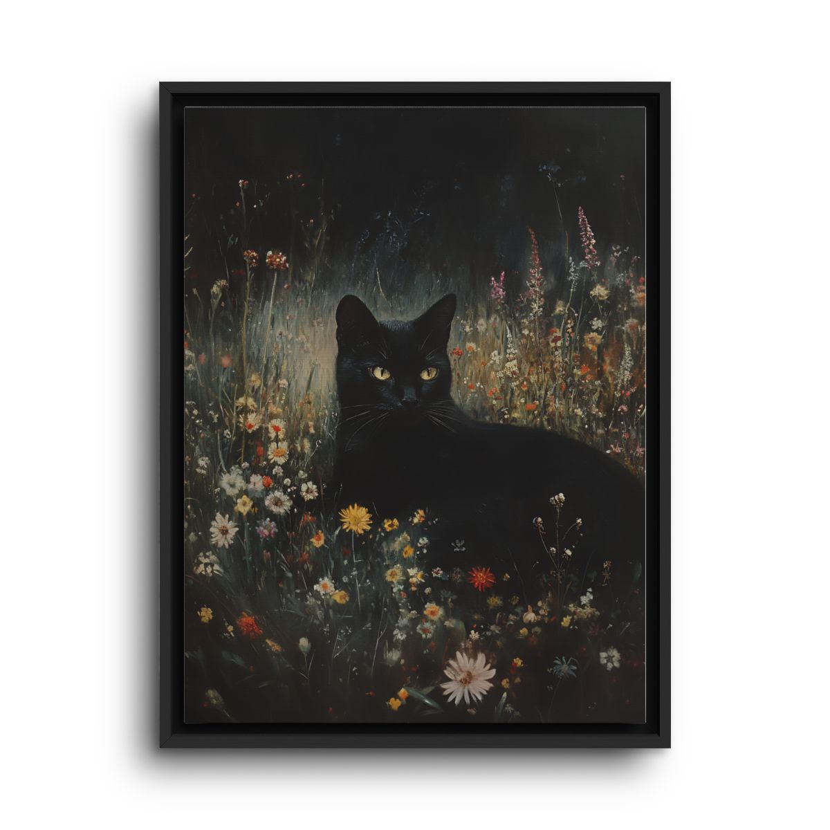 Black Cat Canvas Wall Art – Midnight Wildflower Garden