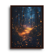 Brown floating frame canvas depicting a luminous winding path through dark blue pines dotted with golden fireflies