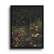 Black floating frame canvas depicting glowing mushrooms and tiny wildflowers scattered beneath dark pine trunks