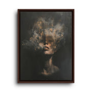 Brown floating frame canvas depicting a woman's face emerging through gray smoke and shadow with soft floral shapes