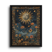 Black floating frame canvas depicting an ornate gold sun and crescent moon surrounded by flowers against deep navy