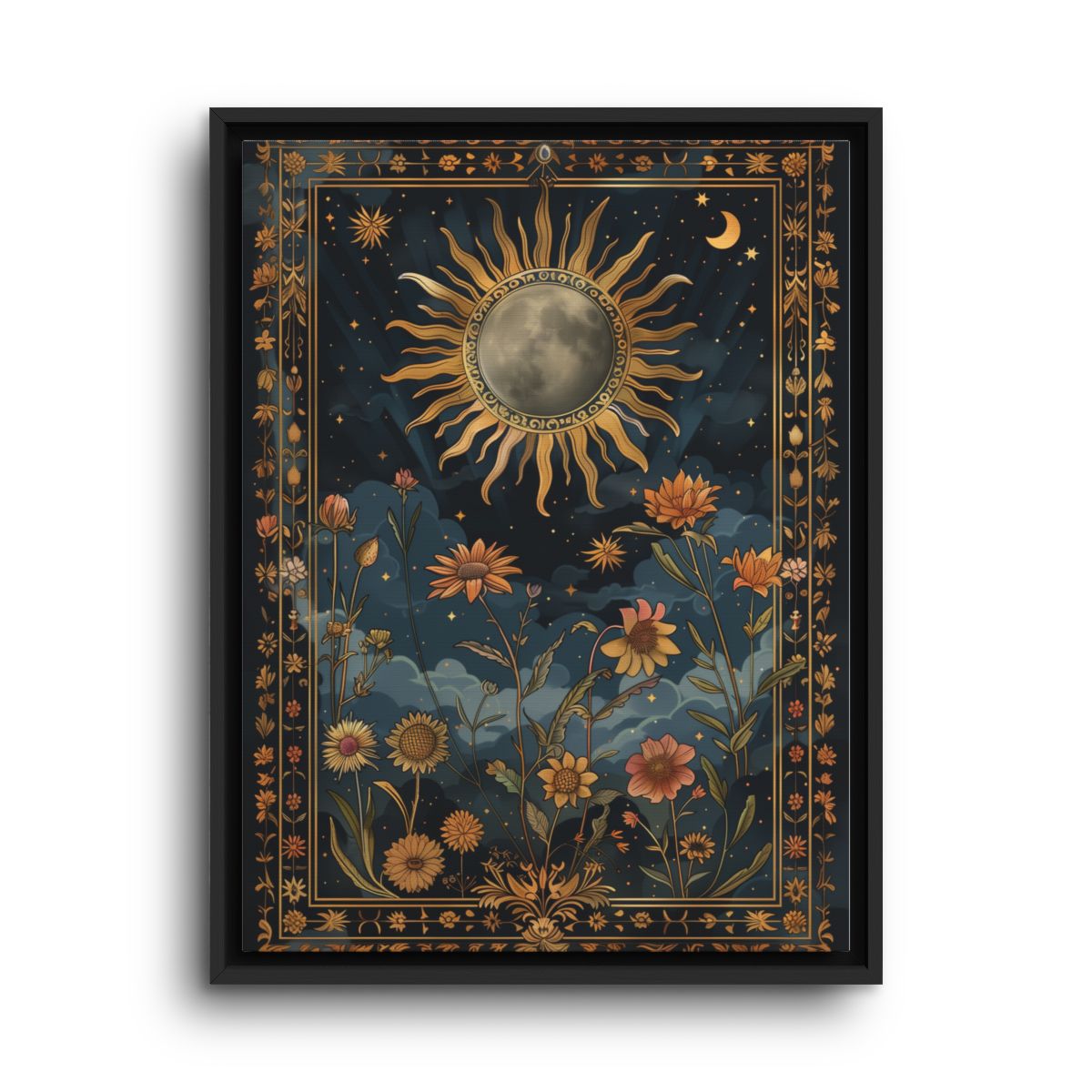 Sun and Moon Canvas Wall Art – Dark Botanical Celestial Tapestry