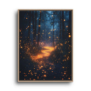 Glowing Forest Canvas Wall Art – Blue Firefly Woodland Path