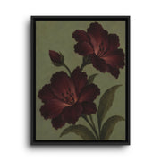 Black floating frame canvas depicting two deep burgundy poppy blossoms with dark stems on an olive green backdrop