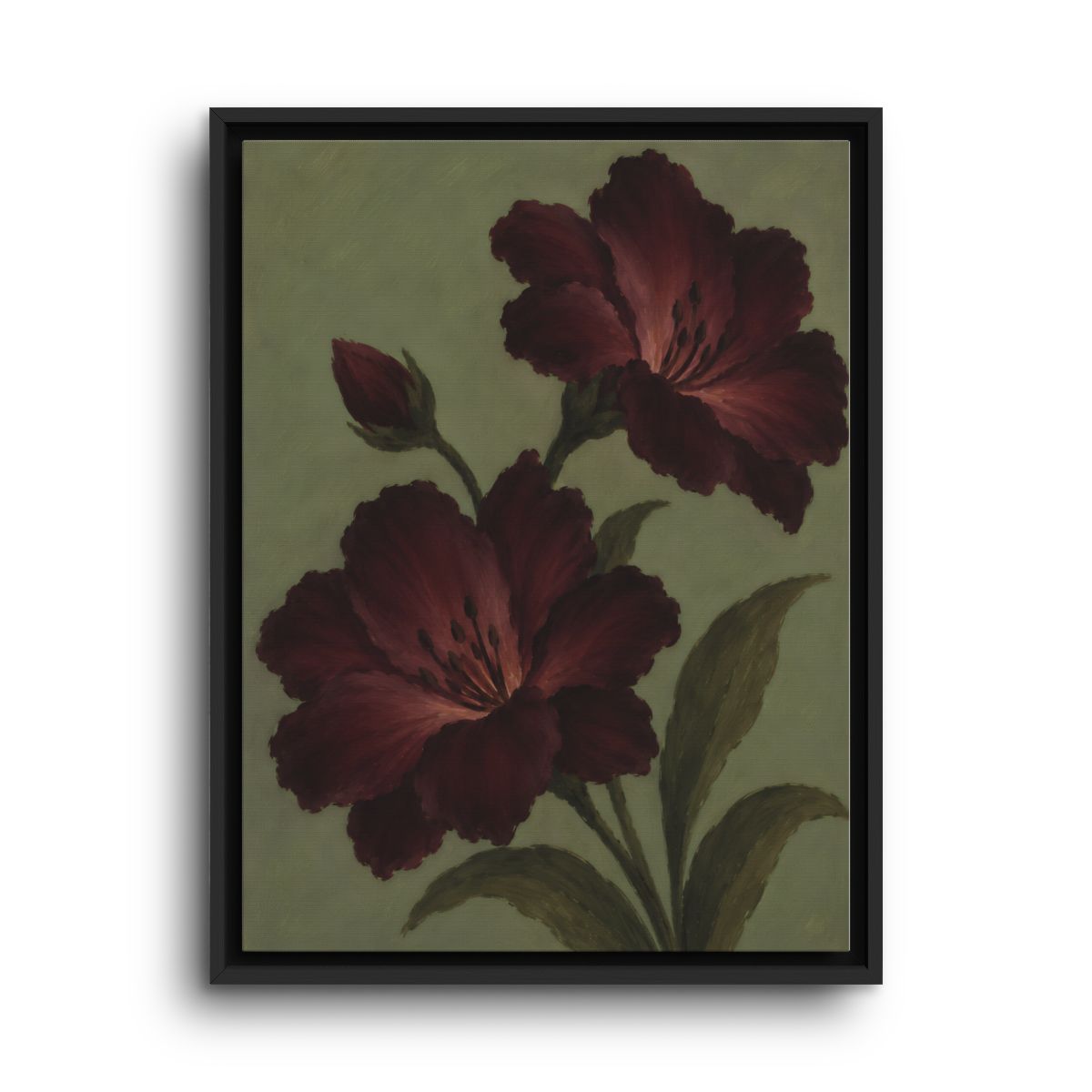 Burgundy Poppy Canvas Wall Art – Dark Olive Botanical Decor
