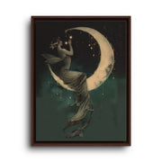Brown floating frame canvas depicting a floating woman seated on a glowing crescent moon in a starry dark sky