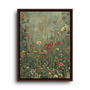 Brown floating frame canvas depicting tiny red, cream, and gold meadow flowers scattered across a sage green field
