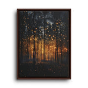 Brown floating frame canvas depicting hundreds of warm fireflies glowing among blue-black forest trunks