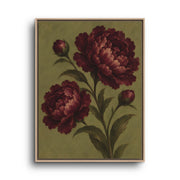 Burgundy Floral Canvas Wall Art – Peonies on Olive Green