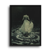 Black floating frame canvas depicting a woman in a pale flowing gown surrounded by dark rippling water
