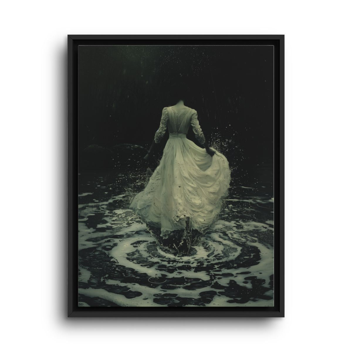 Ethereal Woman Canvas Wall Art – Flowing Ivory Dress on Water
