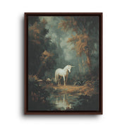 Brown floating frame canvas depicting a pale unicorn beside a reflective stream in a deep green forest