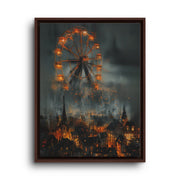 Brown floating frame canvas depicting a glowing orange Ferris wheel above a smoky cityscape with dark firelit streets