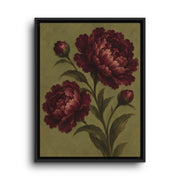Black floating frame canvas depicting full burgundy peony blooms with buds and leaves against an olive green ground