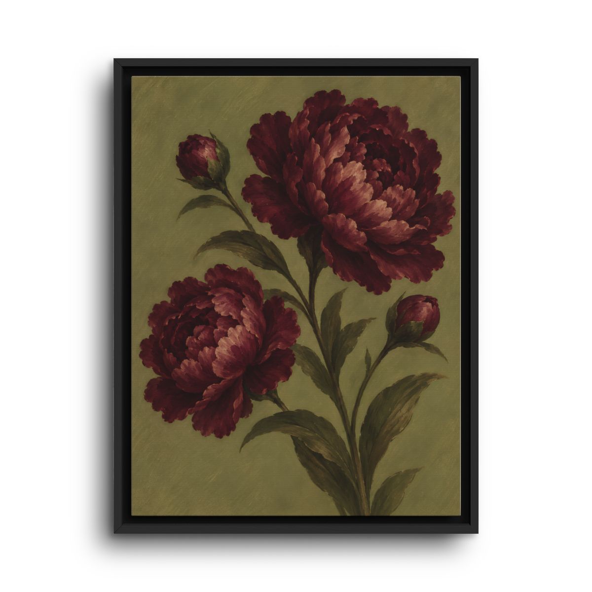 Burgundy Floral Canvas Wall Art – Peonies on Olive Green