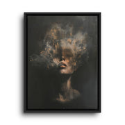 Black floating frame canvas depicting a woman's face emerging through gray smoke and shadow with soft floral shapes