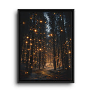 Black floating frame canvas depicting a winding forest path illuminated by golden fireflies beneath tall dark trees