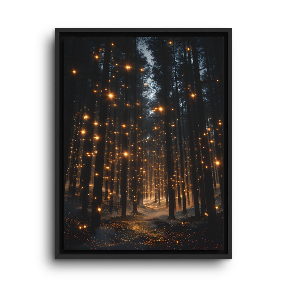 Enchanted Forest Canvas Wall Art – Golden Firefly Path at Night