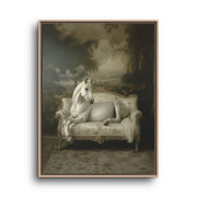 Surreal Horse Canvas Wall Art – White Horse beside Cream Sofa