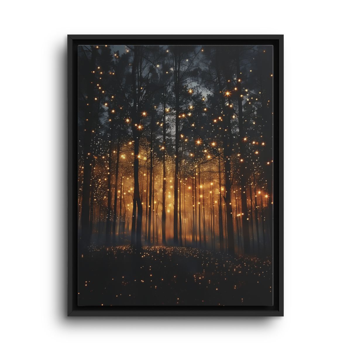 Firefly Forest Canvas Wall Art – Golden Lights in Blue Woods