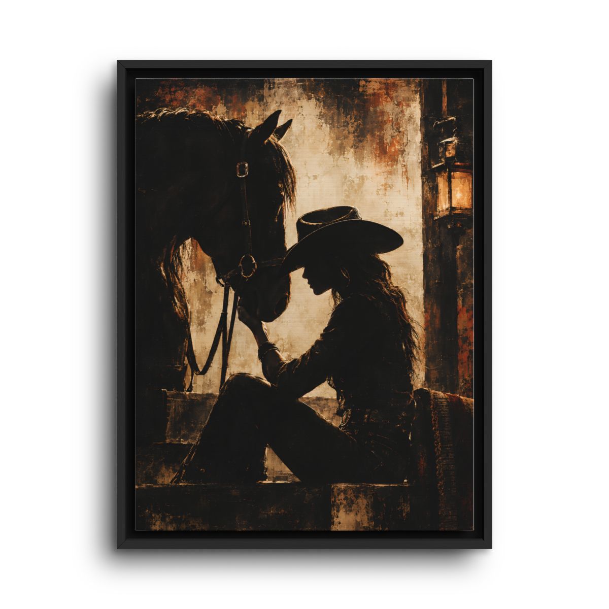 Western Horse Canvas Wall Art – Cowgirl and Black Horse Portrait