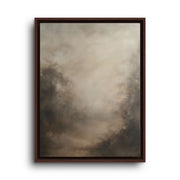 Brown floating frame canvas depicting a pale beige-gray haze with subtle shadowy forest forms fading into fog