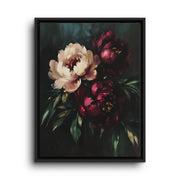 Black floating frame canvas depicting cream and burgundy peony flowers with deep green leaves against a nearly black background