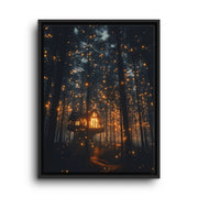 Black floating frame canvas depicting a warm illuminated tent nestled among tall pines and golden fireflies