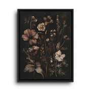 Black floating frame canvas depicting soft blush, ivory, and mauve wildflowers arranged vertically against black