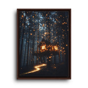 Brown floating frame canvas depicting a warmly glowing treehouse nestled high among pine trees and fireflies