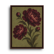 Brown floating frame canvas depicting full burgundy peony blooms with buds and leaves against an olive green ground