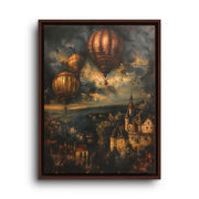 Brown floating frame canvas depicting glowing antique hot air balloons hovering over a quaint village in golden twilight
